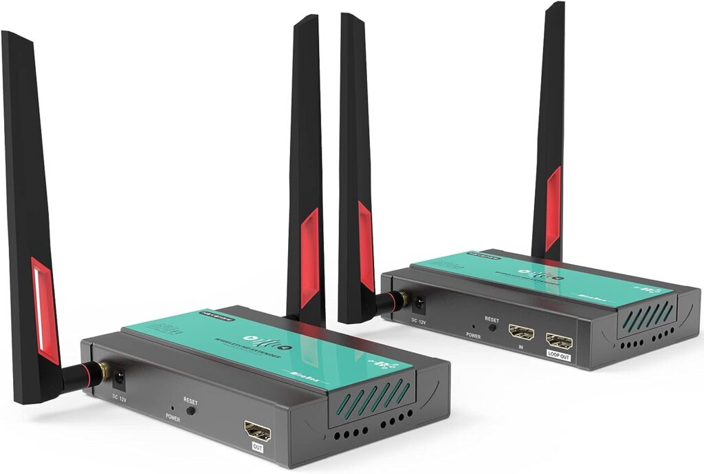 Mirabox Wireless HDMI Transmitter and Receiver Extender 1x4-200m(656Ft) 5.8GHz 1080P@60Hz Wireless Audio Video Extender Kit with IR and HDMI Loop-Out for TV,DSLR Camera,Projector,DVR,Laptop,PS5,Switch