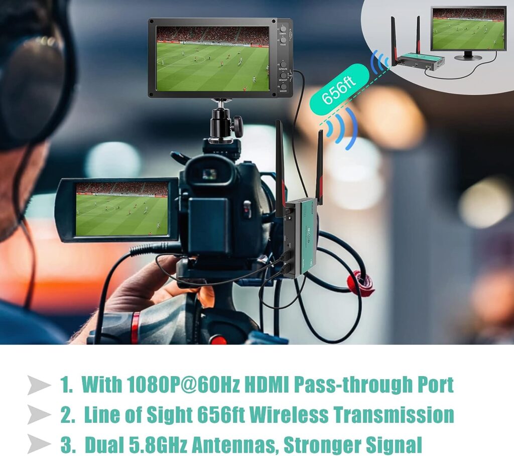 Mirabox Wireless HDMI Transmitter and Receiver Extender 1x4-200m(656Ft) 5.8GHz 1080P@60Hz Wireless Audio Video Extender Kit with IR and HDMI Loop-Out for TV,DSLR Camera,Projector,DVR,Laptop,PS5,Switch